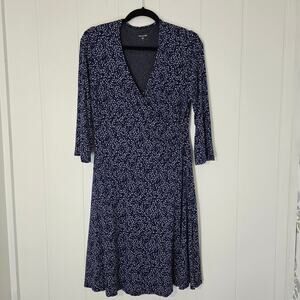 Garnet Hill Brianna Faux Wrap Dress Stretch Lined Navy Blue Size Large